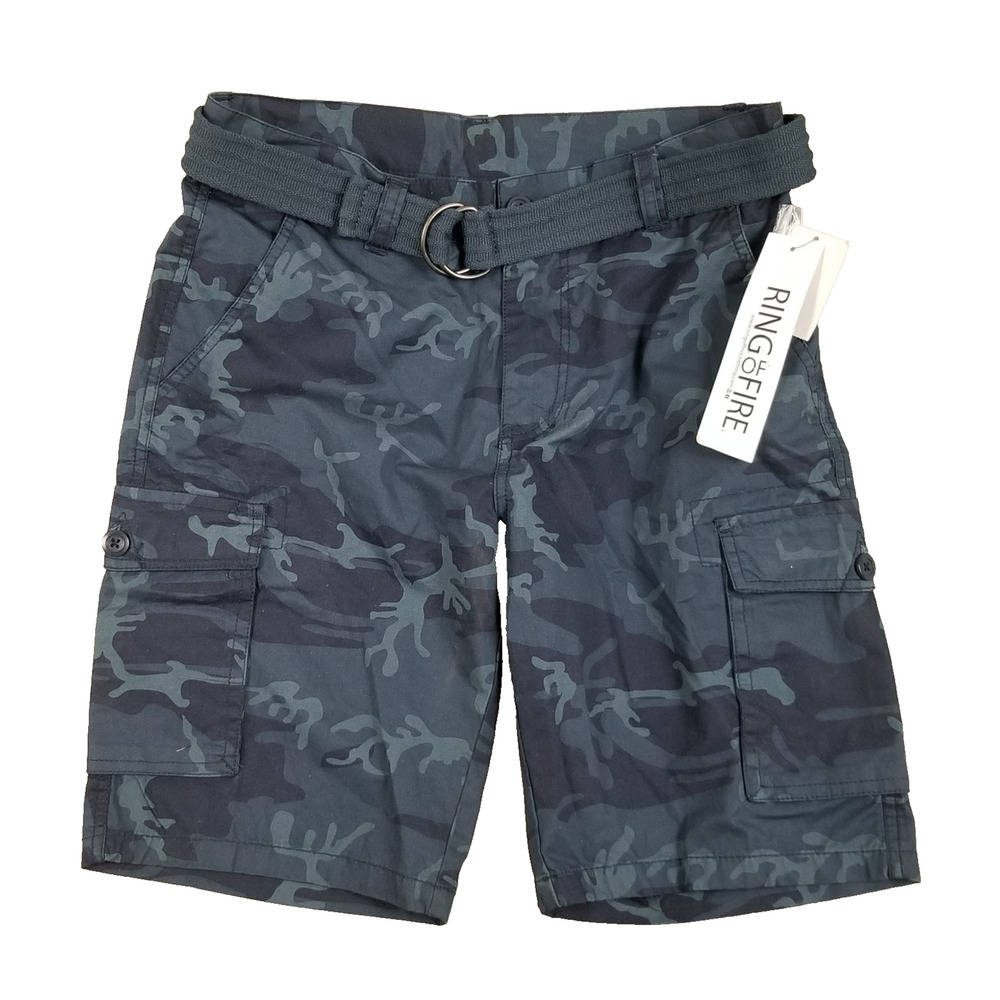 Ring of Fire Cargo Shorts Mens‎ 30 Navy Camo Belted 100% Cotton Summer Outdoor